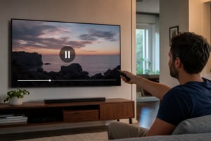 Paused CTV Screen in Living Room with Person Pointing Pause