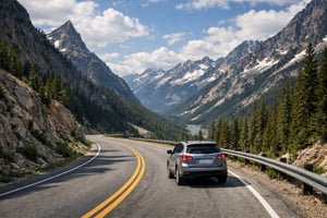 photographic please create an image of a car driving on a road thats going through the mountains-1